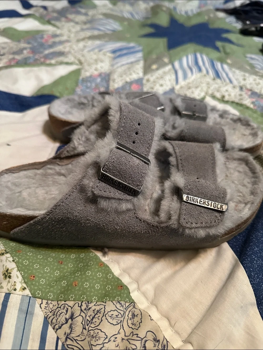 Womens Birkenstock Cozy Faux-Fur Lined Gray Slide Sandals